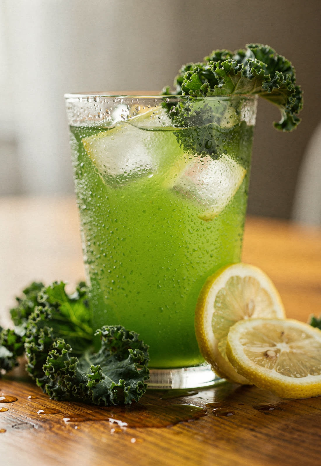 Copo alto de suco verde natural com frutas ao redor